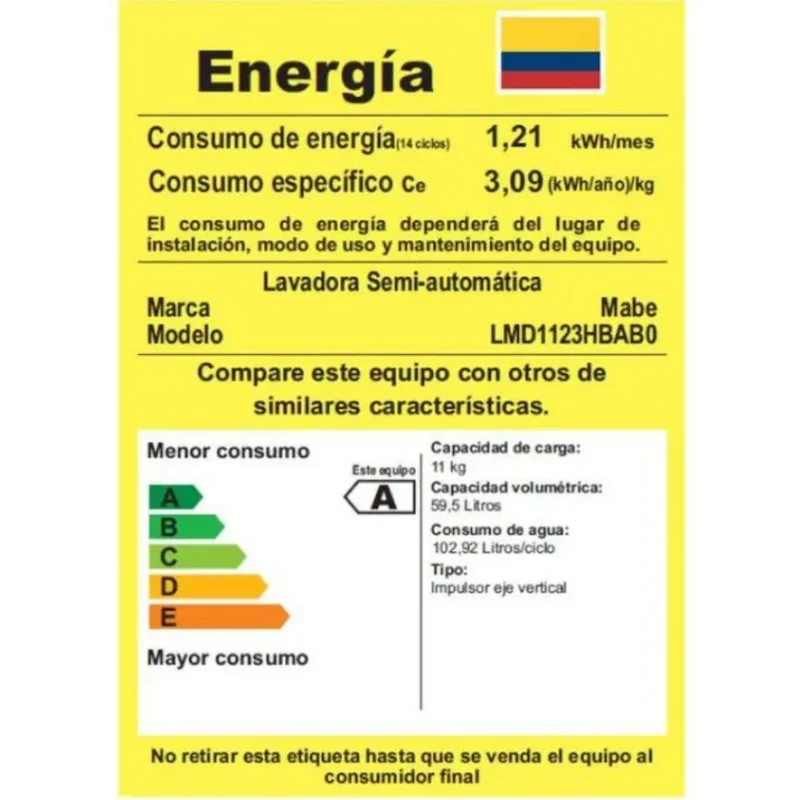LAVADORA SEMIAUTOMÁTICA PROPELA 11 KG BLANCA MABE - Imagen 3