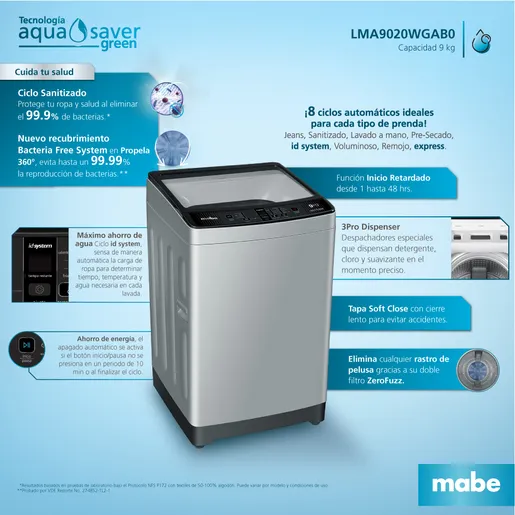 LAVADORA DIGITAL AUTOMÁTICA DE 9 KG GRIS MABE - Imagen 6