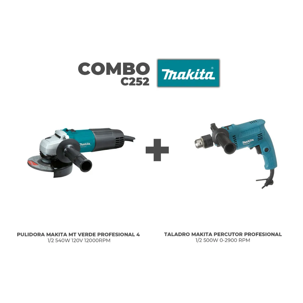 COMBO MAKITA (1819) PULIDORA MT VERDE 4 1-2_ 540W 120V 12000RPM PROFE (M0901B) + TALADRO PERCUTOR 1-2_ 500W 0-2900 RPM MT PROFE (M0801B)
